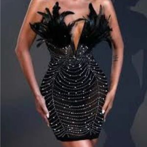 Elegant Black Feathered Sheer Pearl Evening Dress